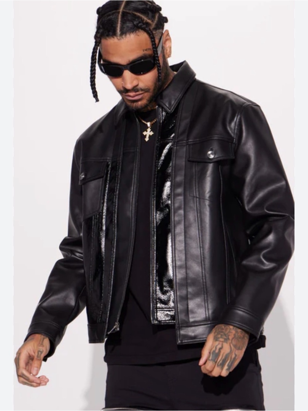 Fashion Nova Men's Black Faux Leather Trucker Jacket